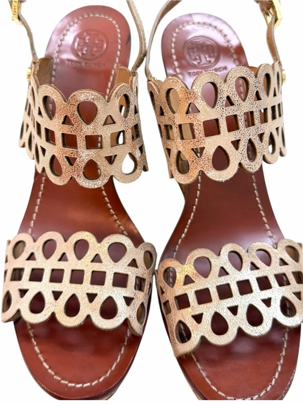 Tory Burch Nori Scalloped Cutout Gold Metallic Platform Wedge Slingback Heels